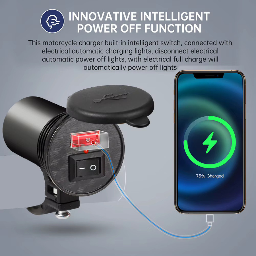 Ticify USB Ladegerät für Motorrad Lenker mit Schalter, 12/24V Wasserdichter Schnelllade Adapter in Schwarz - Bild 4