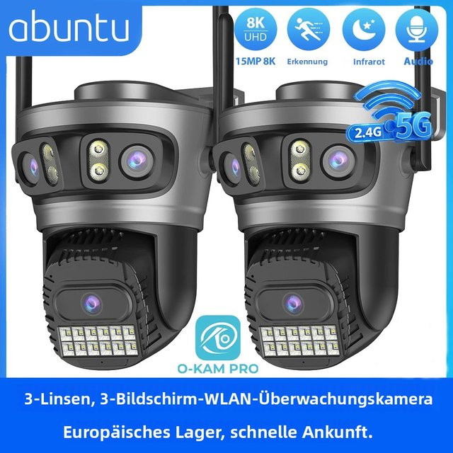 Abuntu 2er Set 8K PTZ WLAN-Sicherheitskamera mit Drei Linsen und Drei Bildschirmen, Außenüberwachungskamera mit Menschenerkennung in Schwarz, 2,4G/5G Wi-Fi, kompatibel mit O-KAM PRO APP - Bild 1