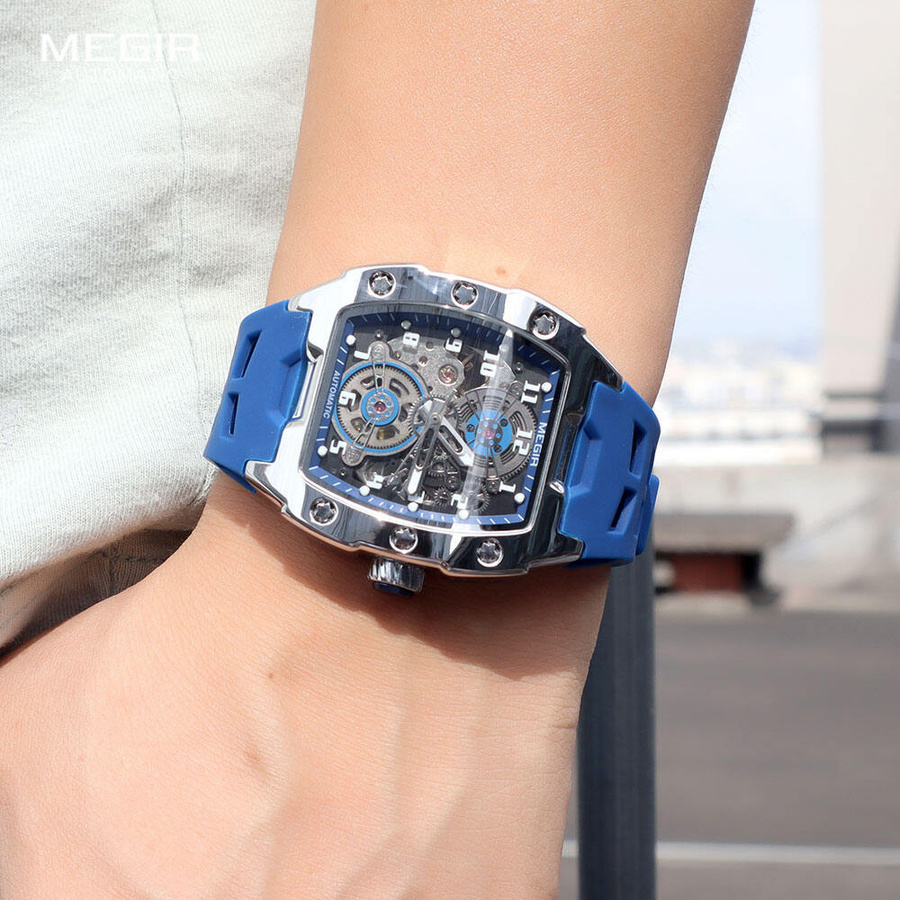 MEGIR Armbanduhr, Automatik, Tonneau, Edelstahl, Blau, Herren - Bild 4