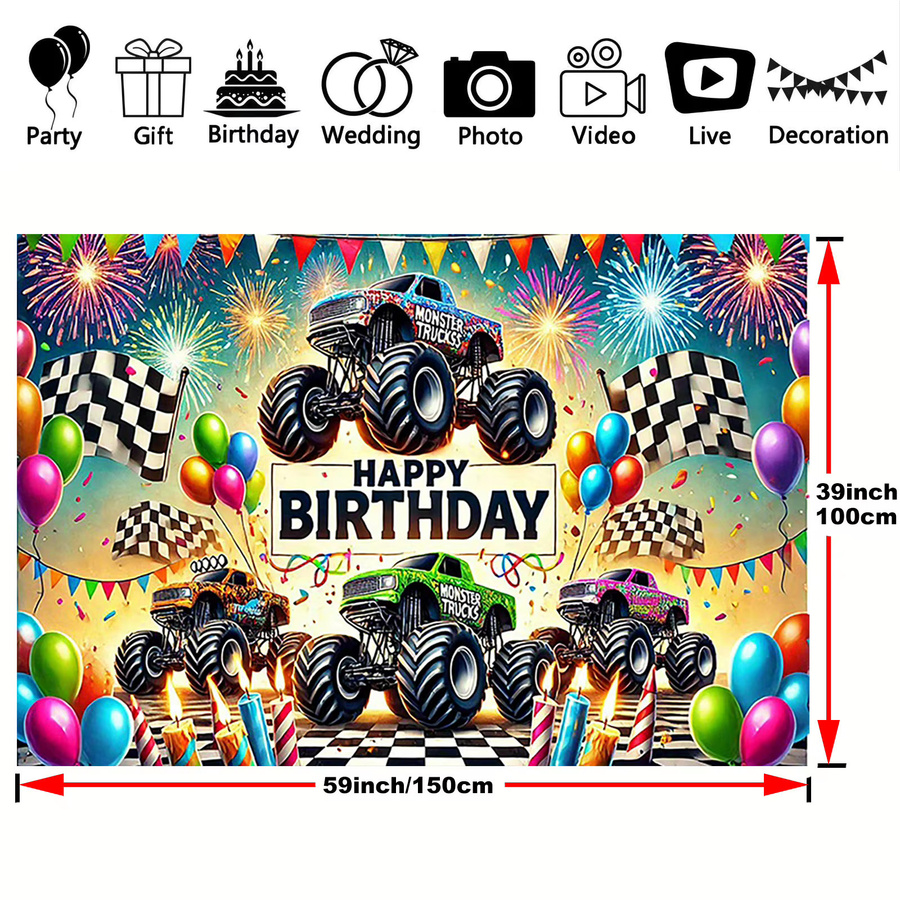 Monster Truck Party Banner aus Polyester in Mehrfarbig für Geburtstage und Festivals, Rechteckig, Breite: 150 cm, Höhe: 100 cm - Bild 5