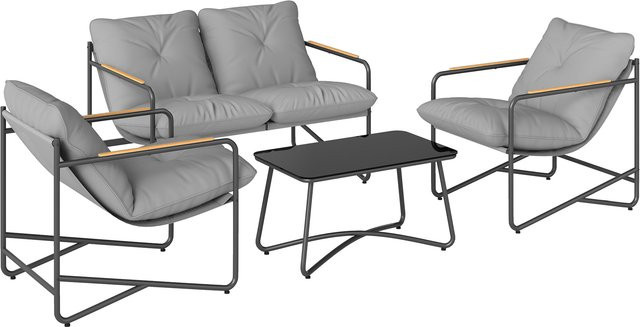 Outsunny Garten-Loungeset 4-teilig aus Metall mit 2-Sitzer-Sofa, 2 Sesseln und Glastisch in Hellgrau - Bild 1