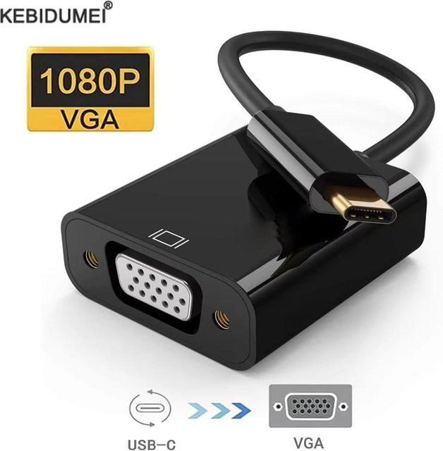 kebidumei USB-C auf VGA Adapterkabel in Schwarz für Laptop, MacBook und PC zur Verbindung mit Monitor oder Projektor - Bild 1
