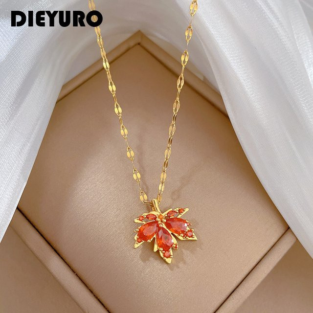 DIEYURO Halskette, Edelstahl, Kristall, Ahornblatt, Gold, Damen - Bild 1
