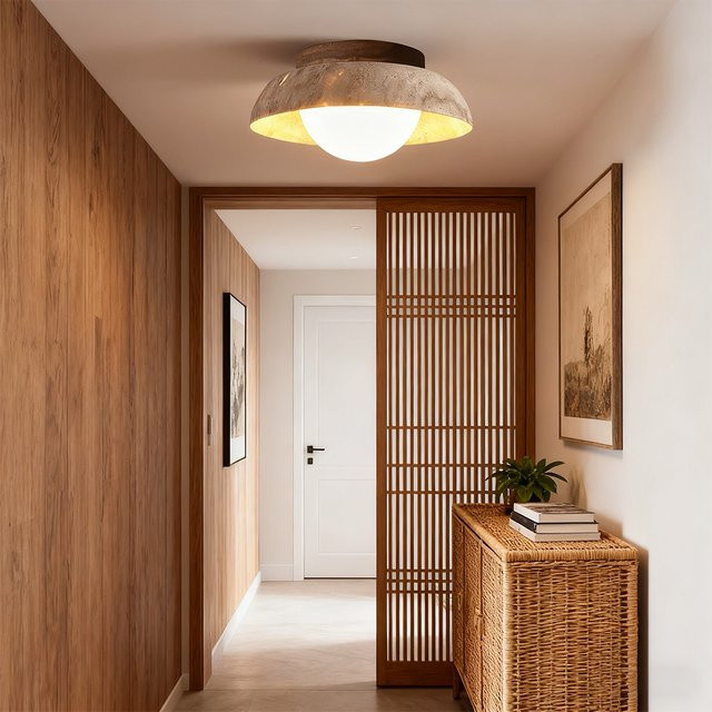 Moderne LED Deckenleuchte aus Naturstein Travertin in Gelb und Beige für Schlafzimmer, Flur und Balkon - Bild 1