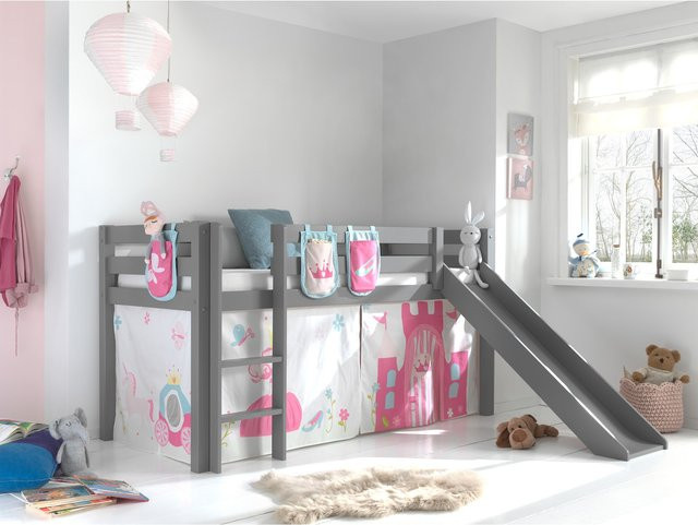 Spielbett Pino aus massivem Kiefer mit Rutsche, Textilset Vorhang und 3 Taschen in Grau - Bild 1