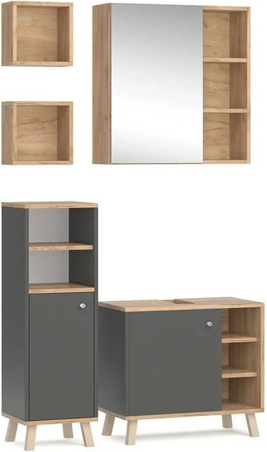 Vicco Badmöbel-Set Senyo in Anthrazit und Gold aus 4 Teilen mit Hängeschrank, Midischrank, Waschtischunterschrank und Spiegelschrank - Bild 2