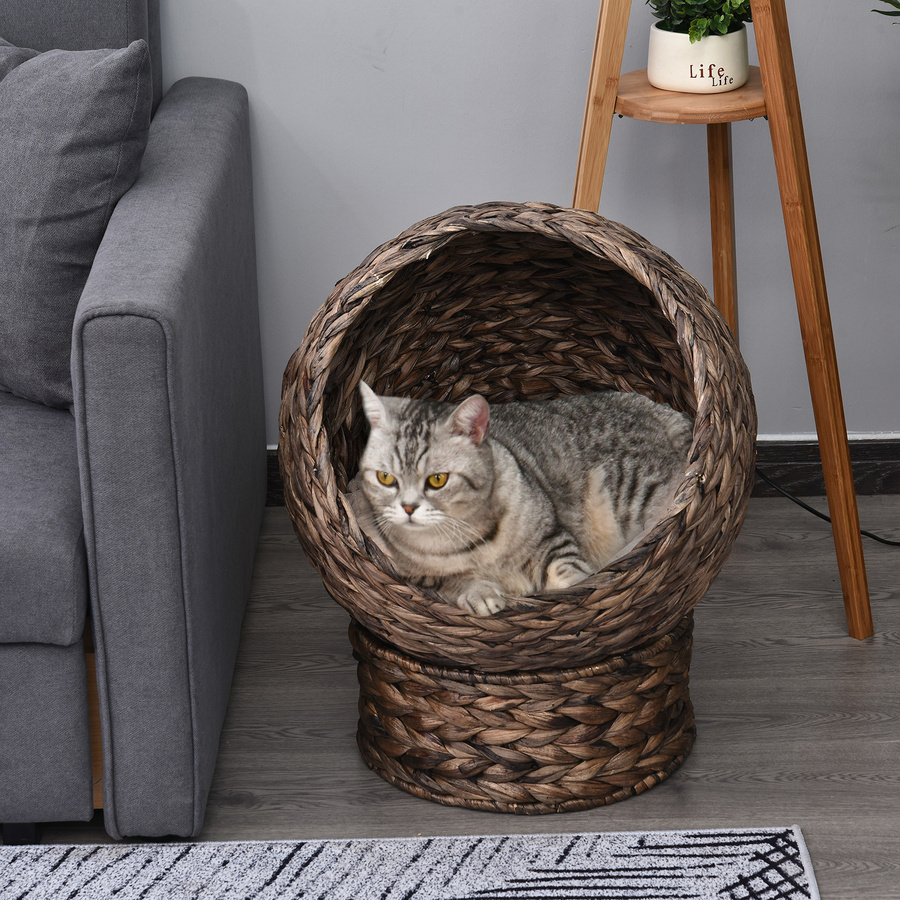 PawHut Katzenbett aus Wasserhyazinthe und Rattan in Braun mit erhöhtem Boden B: 50 cm, T: 42 cm, H: 60 cm - Bild 2