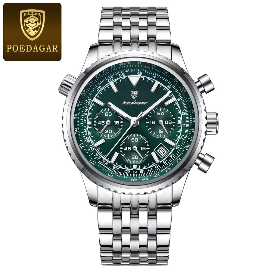 POEDAGAR Chronograph Herrenuhr, Quarz, Edelstahl, Silber, Grün, Datum - Bild 7
