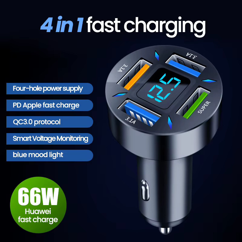 66 W Autoladegerät mit 4 USB Ports (USB-A und USB-C) für Schnellladung, Schwarz - Bild 2
