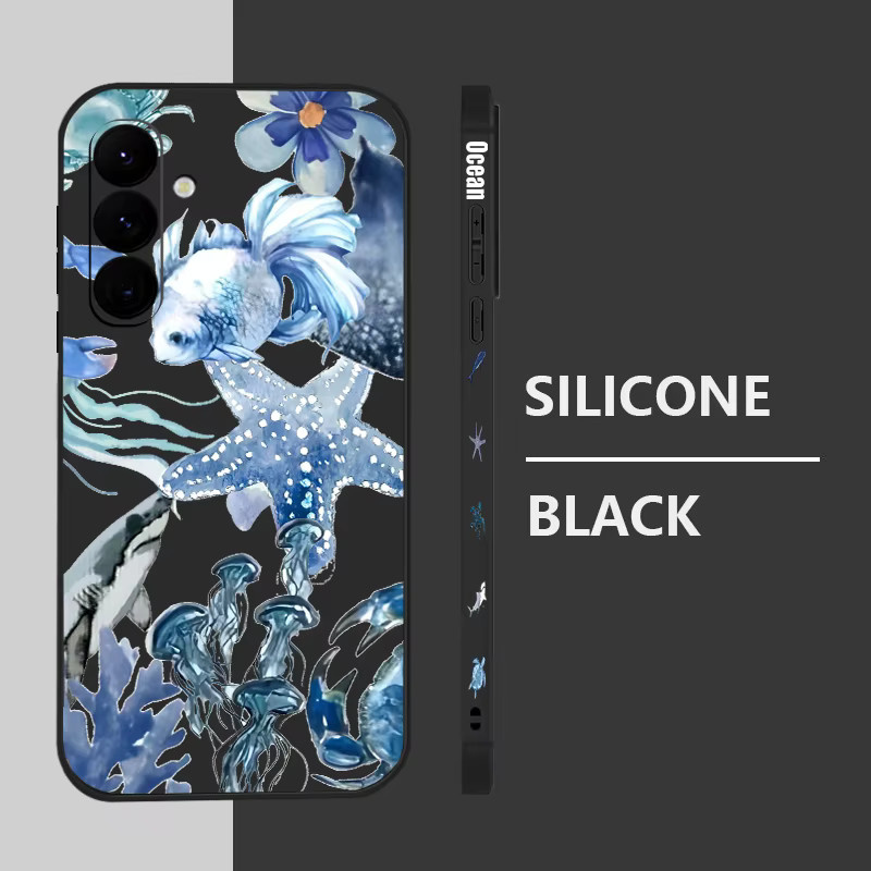 MOESOE Handyhülle mit Seestern- und Quallen-Design für Samsung Galaxy S25 S24 Ultra Plus FE A56 A36 A17 A16 A55 A54 A15 5G S23 S22 in Blau und Grau aus TPU - Bild 1