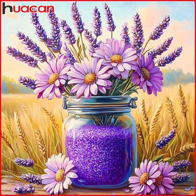 Huacan Diamantgemälde mit Gänseblümchen, Lavendel und Vase in Multicolour, florales Diamantmosaik-Wandbild mit runden Steinen, Breite: 20 cm, Höhe: 20 cm - Bild 1