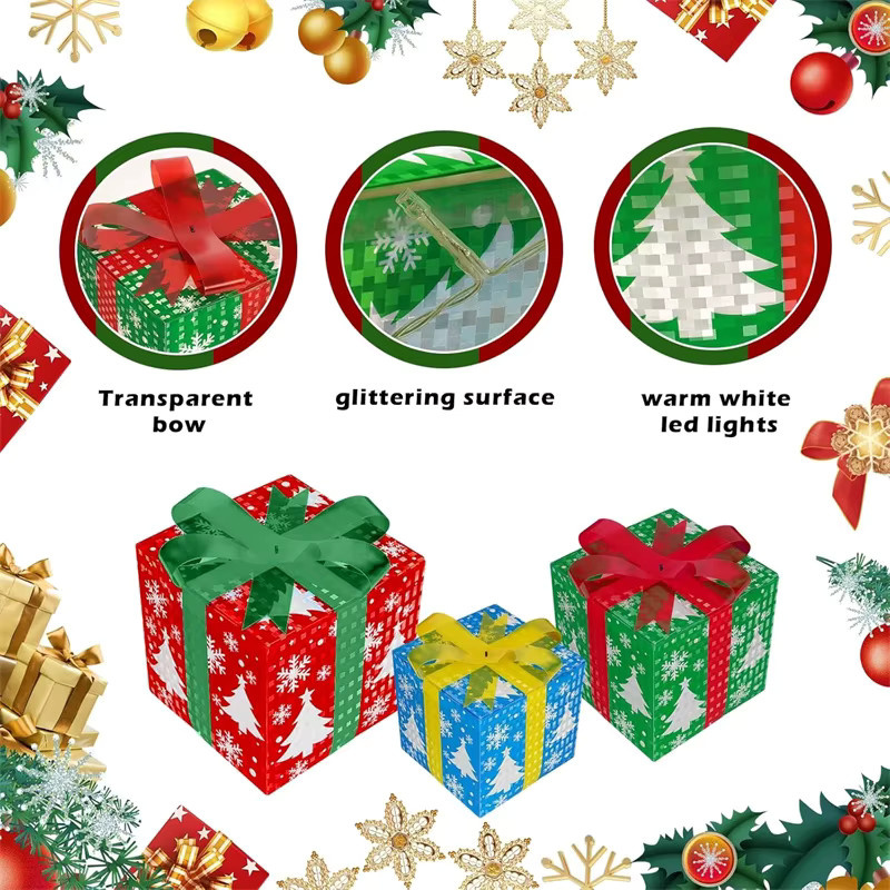 DBF 3-teiliges Set leuchtende Weihnachtsgeschenkboxen aus PVC in Multicolor mit Schleife und Band zur Außen- und Tischdekoration - Bild 4