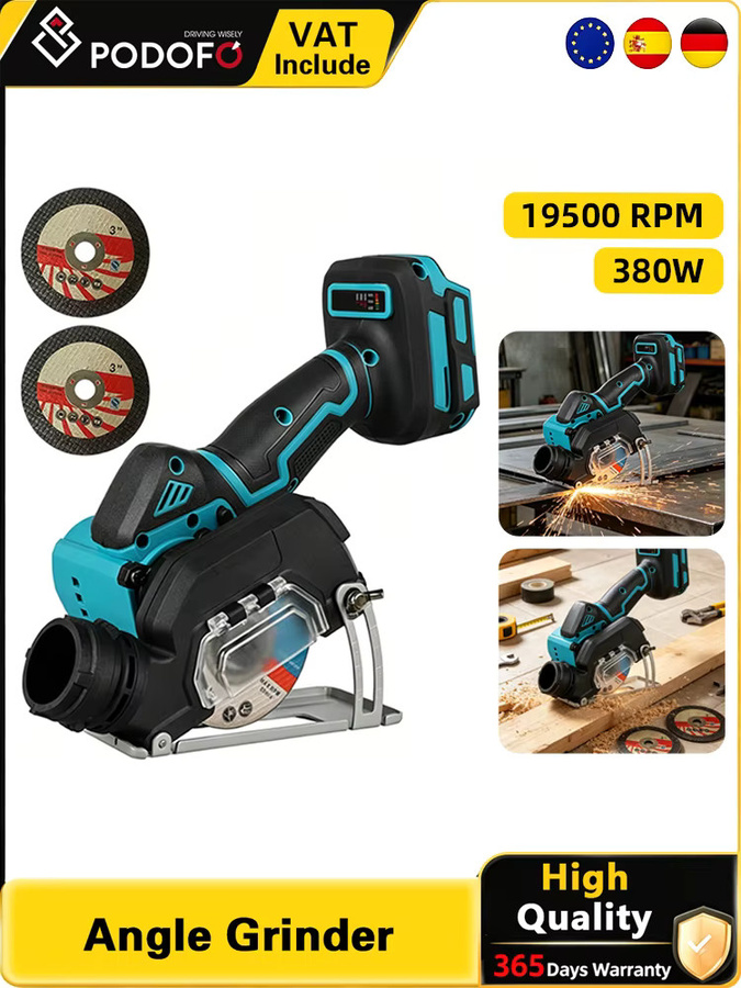Podofo Akku-Mini-Winkelschleifer 21V 380W 19500RPM Schwarz mit Makita-Anschluss und 2 Trennscheiben für Metall, Holz und Stein - Bild 6