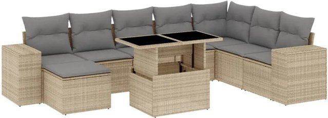 vidaXL 9-tlg Garten-Sofagarnitur in L-Form aus beige farbenem Poly-Rattan mit wetterfesten Kissen und pulverbeschichtetem Stahlgestell - Bild 1