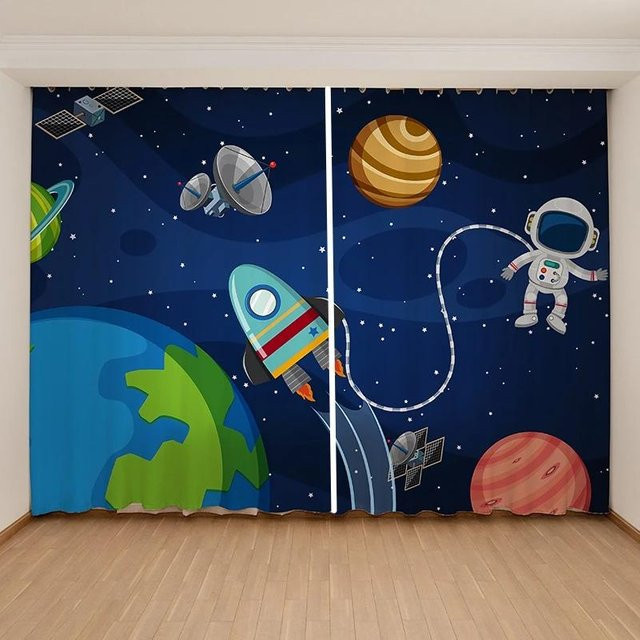 Yiran Furniture Verdunkelungsvorhänge für Kinder mit Weltraum Astronaut und Planeten Motiv, 2er-Set, Blau, B: 55 cm, H: 120 cm - Bild 1