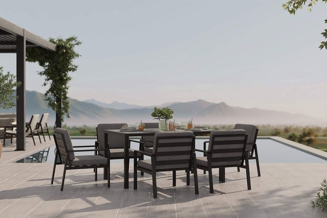 OUTFLEXX Taro Garten-Essgruppe aus Aluminium und Holzimitat mit 6 Sesseln in Anthrazit und Grau, Tisch B: 150 cm, T: 90 cm, H: 73,5 cm - Bild 1