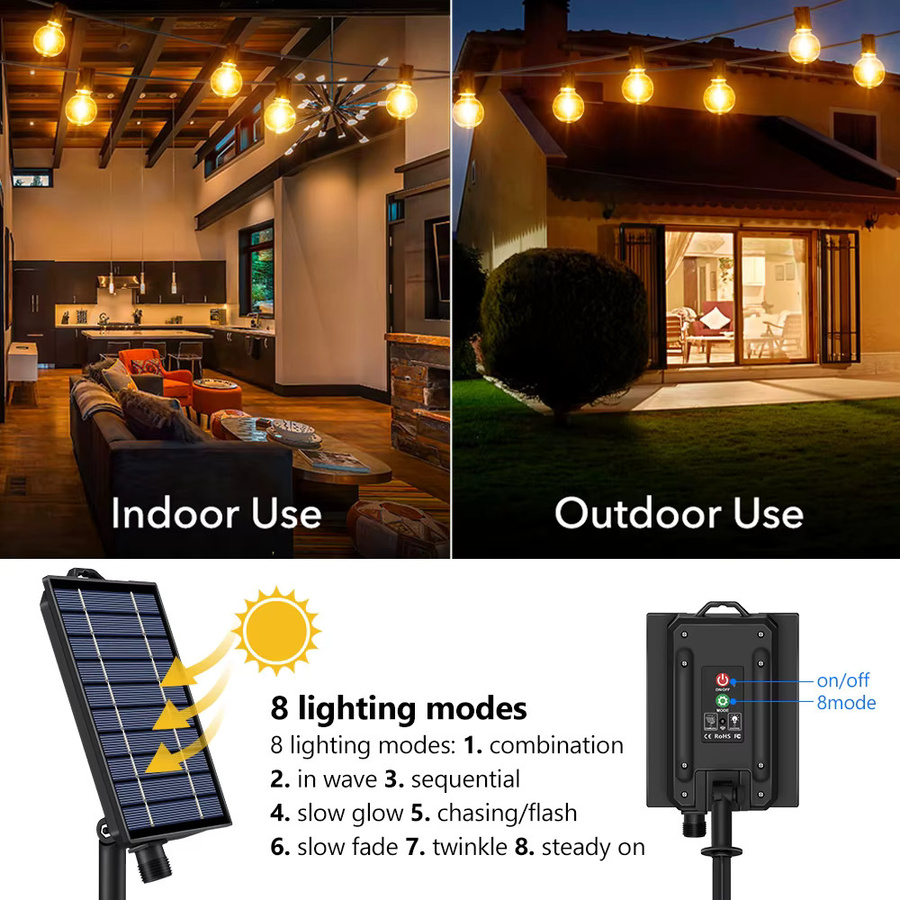 Solar-Lichterkette für den Außenbereich mit G40 LED-Glühbirnen in Vintage-Optik, wetterfeste Terrassenbeleuchtung aus transparentem Kunststoff - Bild 5