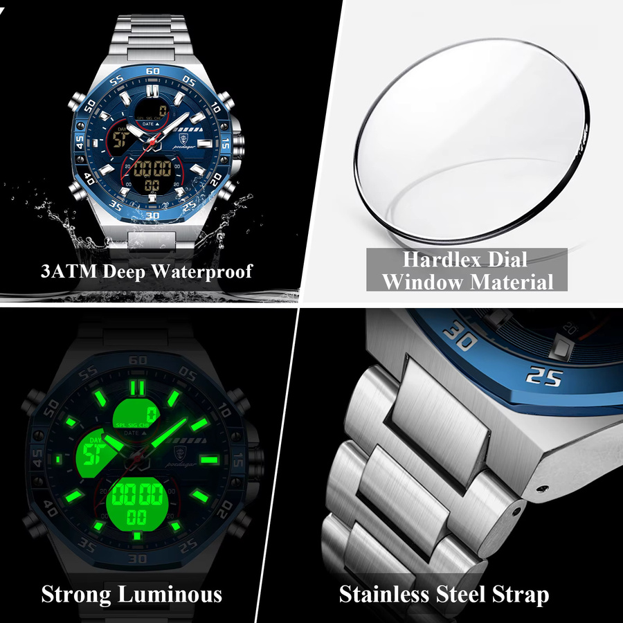 POEDAGAR Digitaluhr, Quarz, Edelstahl, Blau, Herren - Bild 4