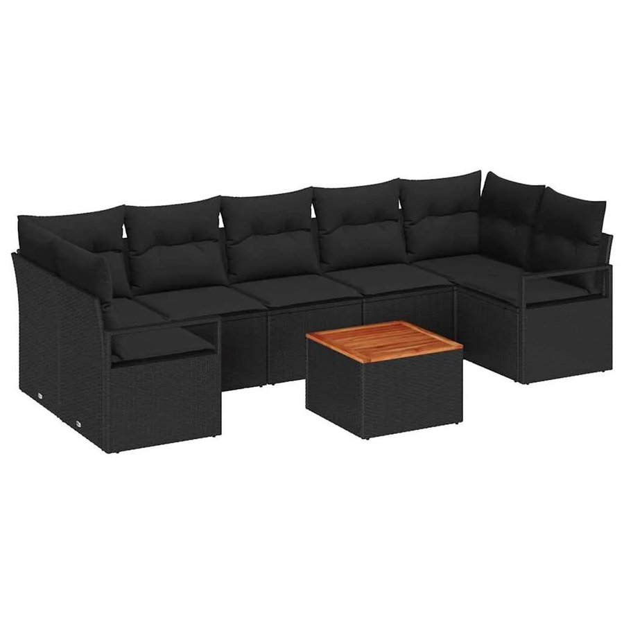 vidaXL Garten-Sofa-Set 8-teilig in Schwarz mit Poly-Rattan, pulverbeschichtetem Stahl und Akazienholz, inklusive Tisch und Polstern mit Stauraum - Bild 2