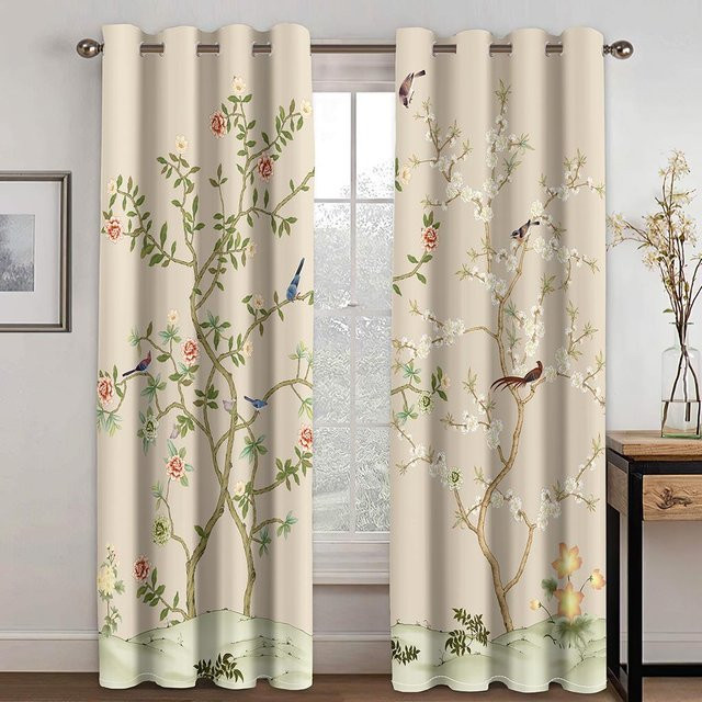 Yiran Furniture Fenstervorhang mit 3D Blumen, Vögeln und Ästen in Grün und Beige, Breite: 100 cm, Höhe: 130 cm - Bild 1