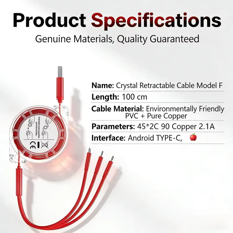 3-in-1 Einziehbares USB-Schnellladekabel Multi-Ladekabel für iPhone Android Typ-C Xiaomi Huawei Samsung in Rot - Bild 2