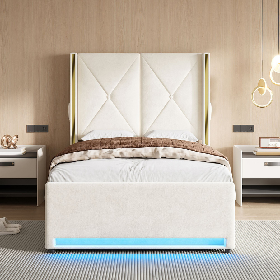 GOMYWAY Home Stoffbett mit gepolstertem Kopfteil und USB-Ladeport in Beige, B/T/H: 100 x 213 x 141 cm - Bild 2