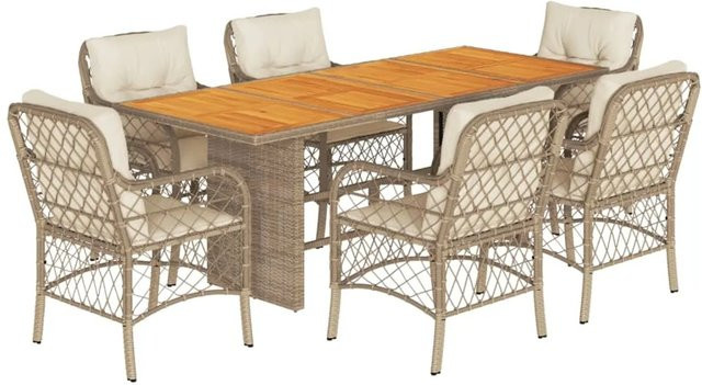 vidaXL 7-teilige Garten-Essgruppe aus Poly Rattan und Akazienholz in Beige-Creme mit Kissen - Bild 1