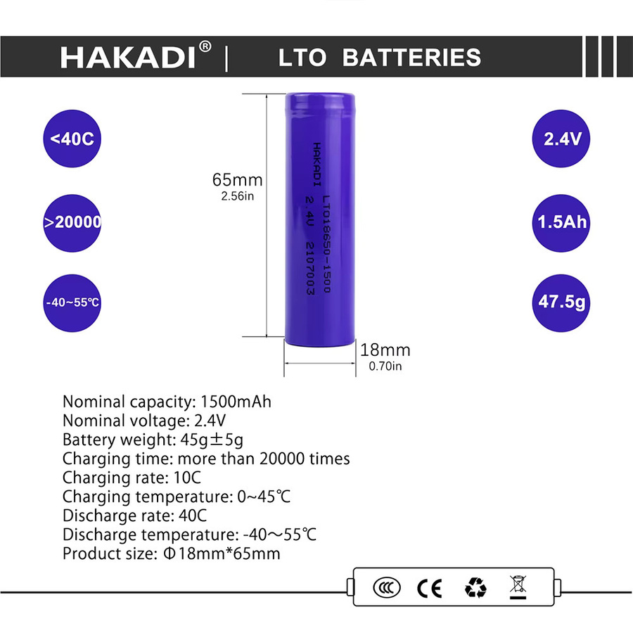 HAKADI 18650 LTO Akku 2,4 V 1500 mAh wiederaufladbare Batterien lila - Bild 3