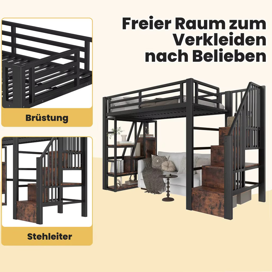 Hochbett aus Metall im Industrial-Design mit Stufen, Geländer und LED-Beleuchtung, Farbe Schwarz, B/T/H: 200 x 90 x 130,5 cm - Bild 3