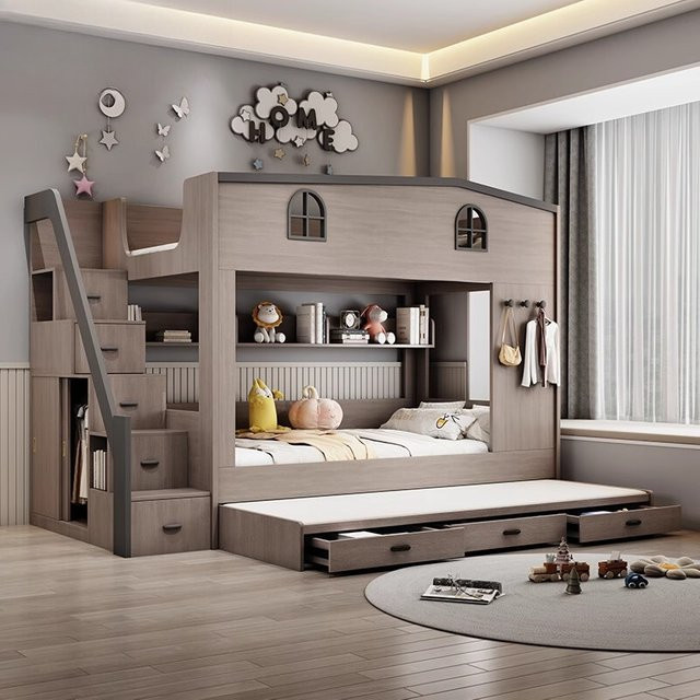 DUTRIEUX Kinder Hochbett aus Massivholz mit Treppe und Schubladen im modernen Nordic Design, Braun, B/T: 120 x 190 cm - Bild 1