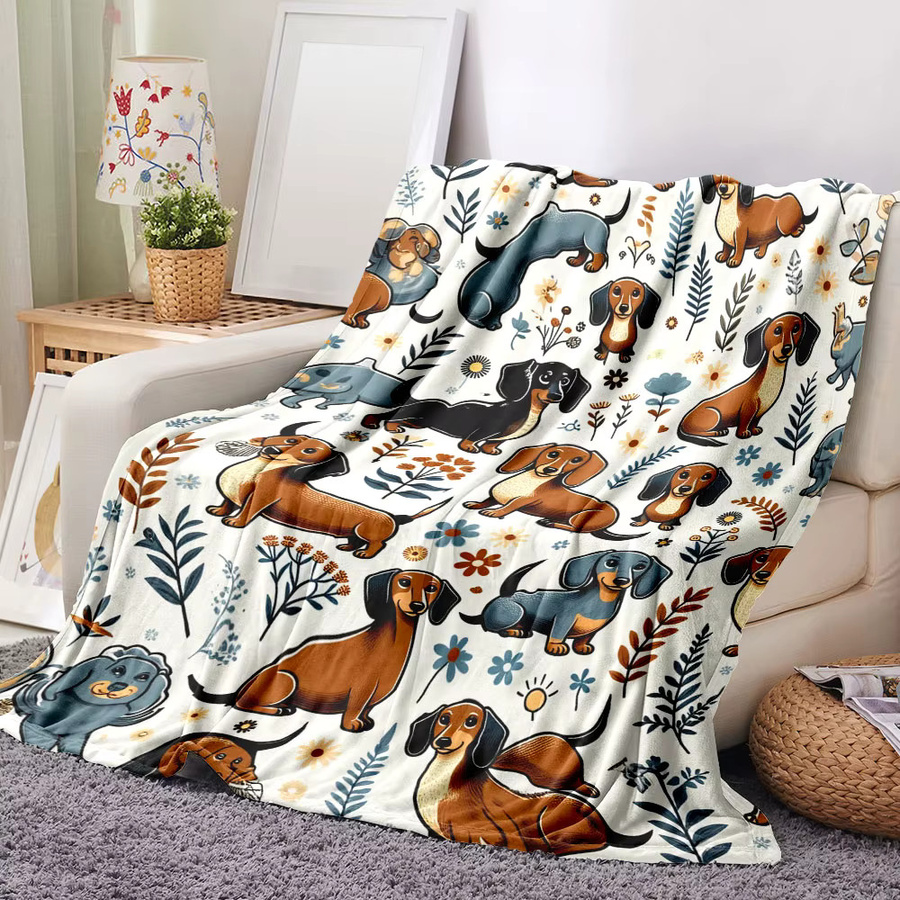 Gemütliche Decke mit Dackel-Blumenmuster in Beige und verschiedenen Farben - Bild 2