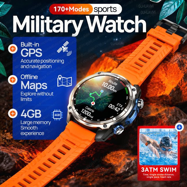 GUHUAVMI Herren GPS Smartwatch in Blau mit Offline-Kartenfunktion, 1,43 Zoll Corning Gorilla Display, 4 GB Speicher, Bluetooth-Anruffunktion und 3ATM Wasserdichtigkeit - Bild 1
