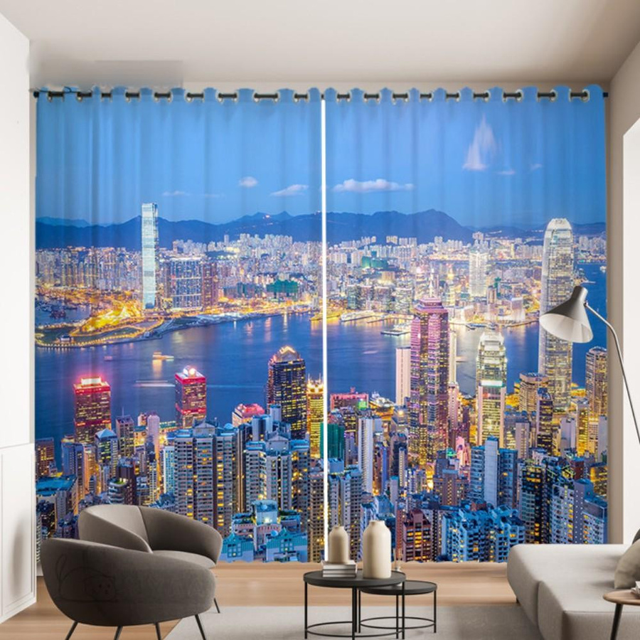 Yiran Furniture 2er-Set Vorhang mit Stadt-Nachtansicht und Hochhaus-Motiv, halbtransparent, Polyester, Mehrfarbig, Breite: 100 cm, Höhe: 130 cm - Bild 1