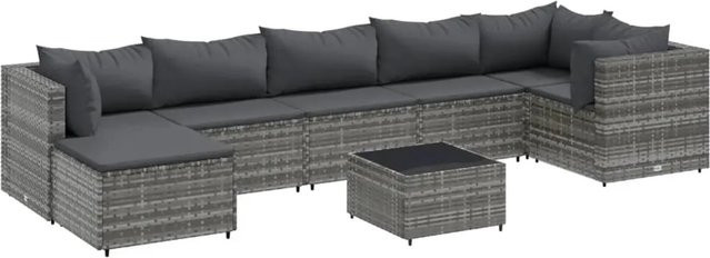 vidaXL 8-tlg Garten-Lounge-Set in L-Form aus grauem Poly-Rattan mit Kissen und pulverbeschichtetem Stahlgestell - Bild 1