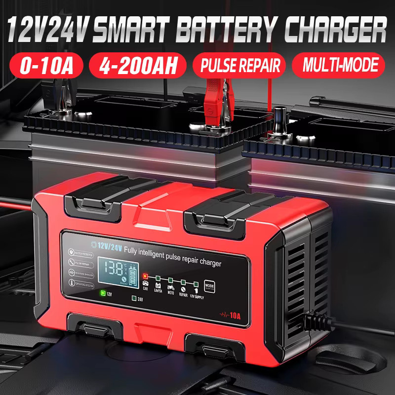FOXSUR Intelligentes 10A Batterieladegerät für 12V/24V Lithium-Eisen, Blei-Säure und AGM Batterien in Rot - Bild 3