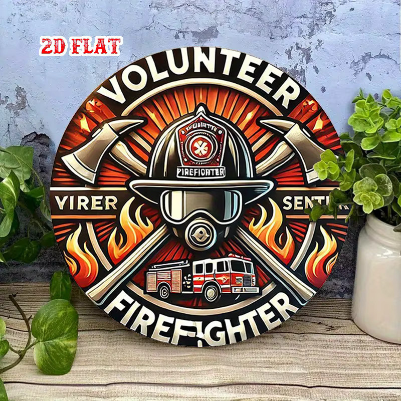 Potdemiel Metall-Blechschild Feuerhelm mit Flammen und Feuerwehrauto Design, Rund, Durchmesser: 20 cm, Mehrfarbig - Bild 3