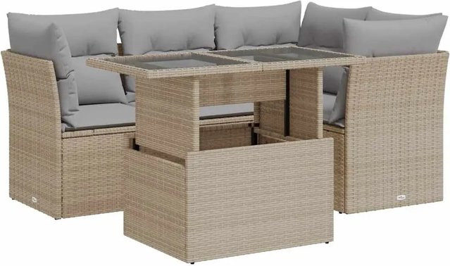 vidaXL 5-teilige Garten-Sofagarnitur in L-Form aus Poly-Rattan in Beige mit Kissen und Stauraum - Bild 1