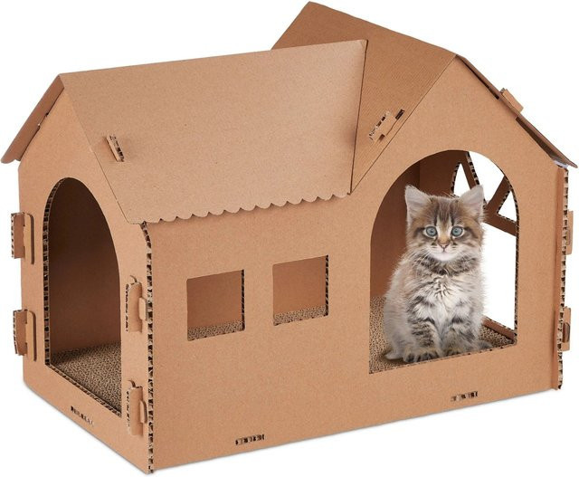 Relaxdays Katzenhaus aus Pappe in Braun mit Kratzbrett, B/T/H: 36 x 49 x 29 cm - Bild 1