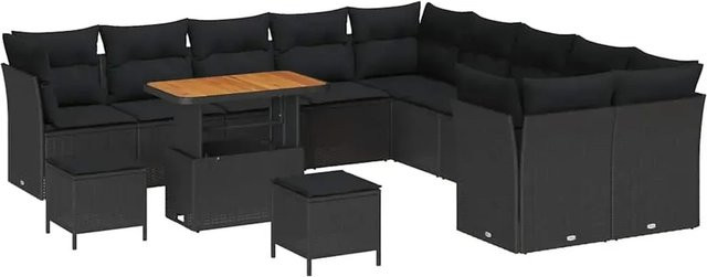vidaXL Garten-Sofa-Set 13-teilig in Schwarz aus Poly-Rattan und Akazienholz mit Polsterung und Tisch in U-Form - Bild 1