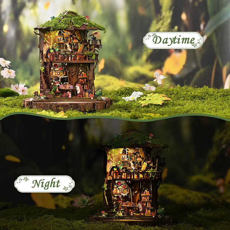 zuuton DIY Holz-Puppenhaus Buchnische, Miniatur-Modellbausatz, mit LED-Beleuchtung - Bild 3