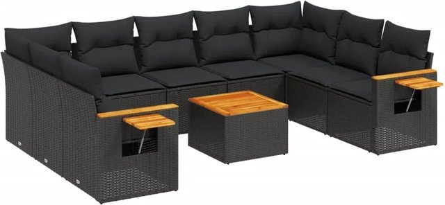 vidaXL 10-teilige Garten-Sofagarnitur mit Kissen aus Poly-Rattan in Schwarz - Bild 1