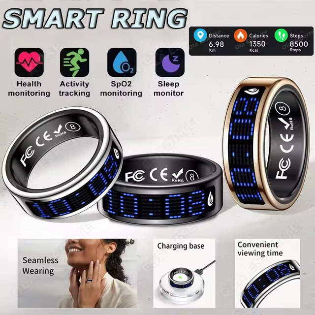 Ola Esporte Smart Ring SR16 in Schwarz mit LED-Display, Herzfrequenz- und Blutsauerstoffüberwachung sowie 5ATM Wasserdichtigkeit für Damen und Herren - Bild 1