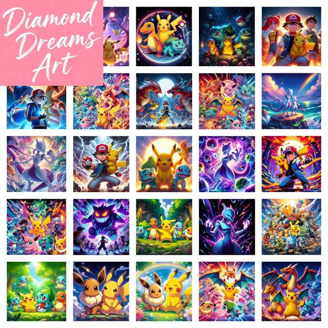 KAYOU Pokémon Diamant-Malset mit Pikachu, Mewtwo und Ash Ketchum, rundes DIY Kreuzstich Kunsthandwerk in Multicolour, Durchmesser: 20 cm - Bild 1