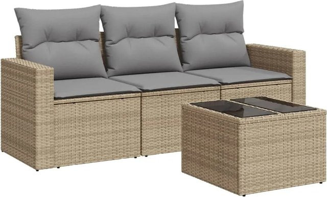 vidaXL 4-tlg Garten-Sofagarnitur mit Kissen in Beige, modernes Outdoor-Set aus Polyrattan und Metall für Terrasse und Garten - Bild 1