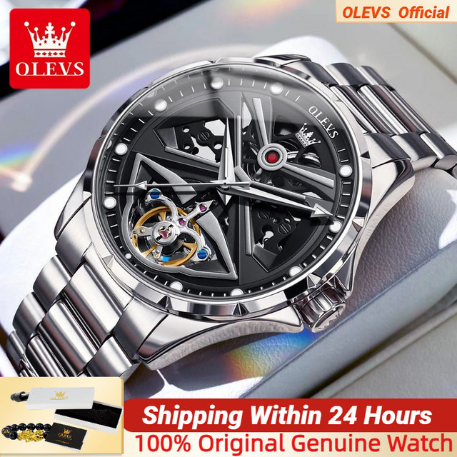 OLEVS Armbanduhr Automatik, Edelstahl, Leder, Schwarz, Herren - Bild 1