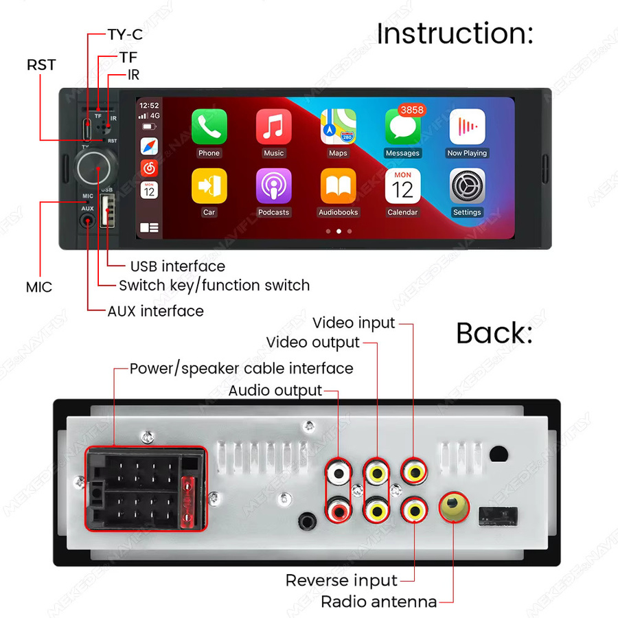 MEKEDE 1 Din Universal Autoradio MP5-Player mit 6,86 Zoll Touchscreen-Display, kabelloses CarPlay, Android Auto, GPS-Navigation, Bluetooth, Mirror Link und USB Typ-C in Schwarz - Bild 5