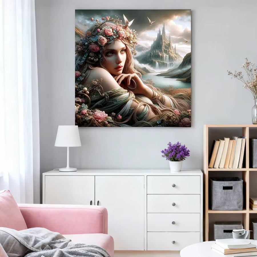 HUACAN Diamantmosaik DIY Set mit Frauenporträt und Schlosslandschaft, runde 5D Diamantmalerei in Multicolour zur Wanddekoration, Durchmesser: 20 cm - Bild 3