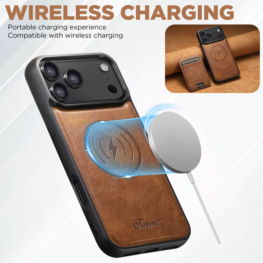 SUTENI Handyhülle aus Kunstleder mit kabellosem Laden, Magnet-Kartenhalter und Ständer für iPhone 17 Pro Max, 16 Plus, 15, 14, 13 in Schwarz und Braun - Bild 2
