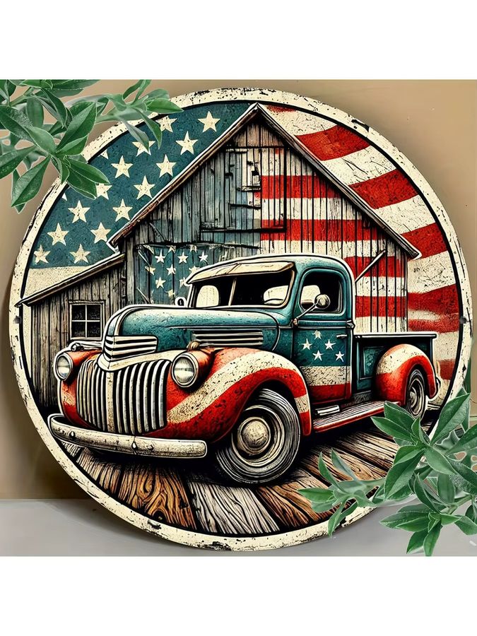 Potdemiel Rundes Metallschild Vintage Blue Truck mit amerikanischer Flagge, Durchmesser: 20,32 cm, Blau - Bild 6