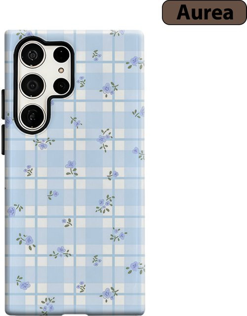 Stoßfeste Doppelschicht-Handyhülle mit hellblauem Gingham-Lavendel-Blumenmuster für Samsung Galaxy S25 Ultra, S24 und S23 Ultra Plus - Bild 1